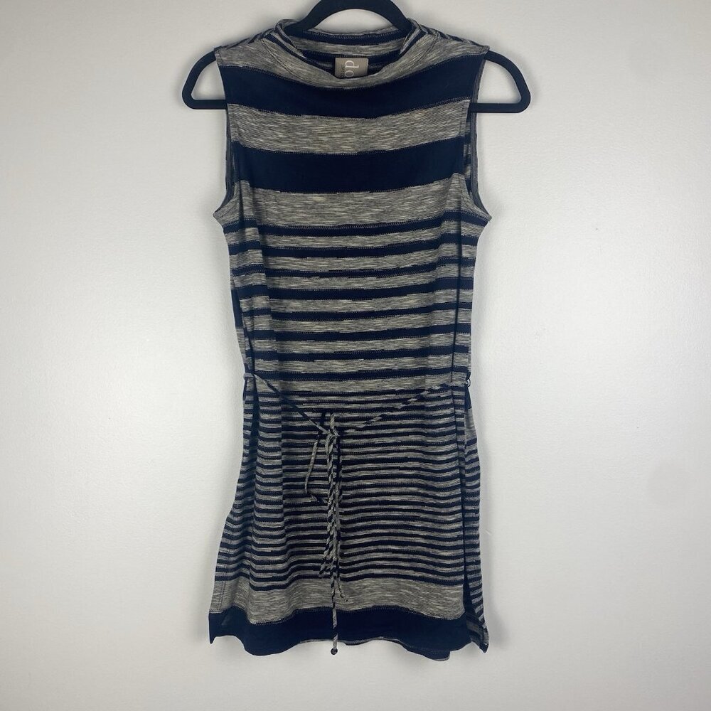 Dolan Women's Striped Mini Dress Size S Gray Navy Blue Tie Waist Shift Mock Neck